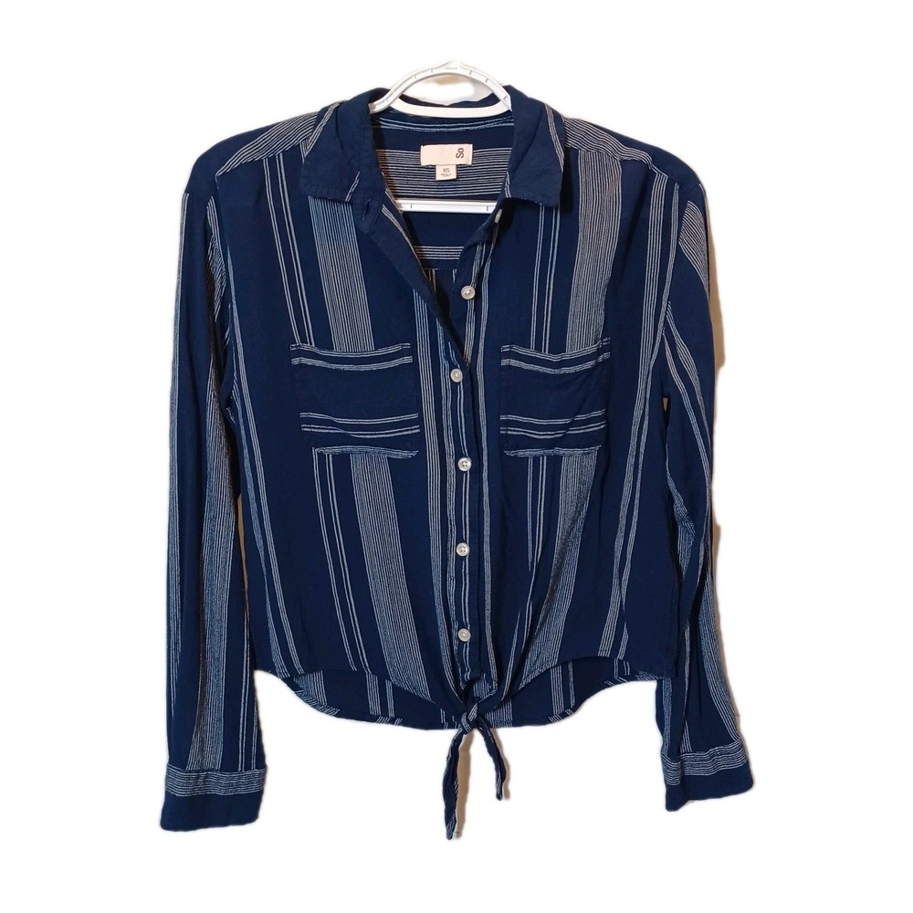 Jr Girl Navy Blue White Striped Tie Front Button Down Shirt XS Rayon Long Sleeve